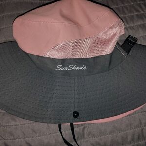 SunShade Pink and Gray Wide Brim Sun Hat With Drawstring.